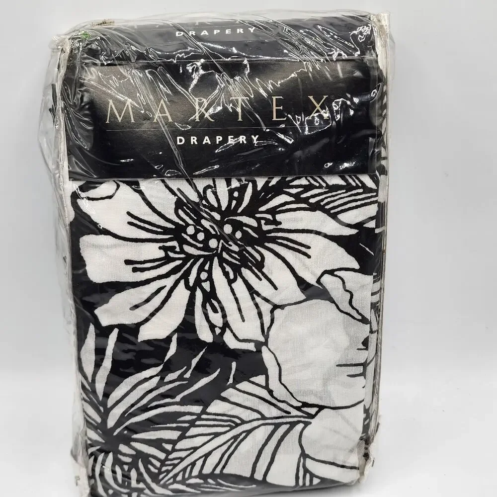 VTG Martex Catalina Black White Floral Rod Pocket Drapes Curtains 84x84 Tiebacks